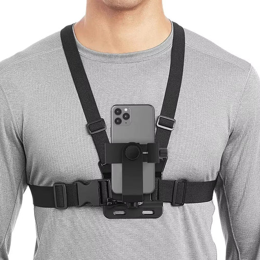 Adjustable Phone Clip Holder with Chest Strap for Sports Cameras and Mobile Devices - Black Accessory